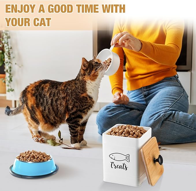 Metal Airtight Cat Food Containers Set of 3 with Bamboo Lids and Spoon 7+3+2 Lbs Cat Treat Storage Container Countertop with DIY Labels Pet Cookie Organizer Jars for Kitchen Counter(White)