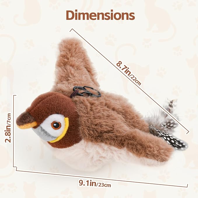 Flappy Bird Cat Toy for Indoor Cats, Simulated Chirping Flapping Wings Bird, Interactive Catnip Toys, Plush Kitten Exercise Toys (Brown Sparrow)