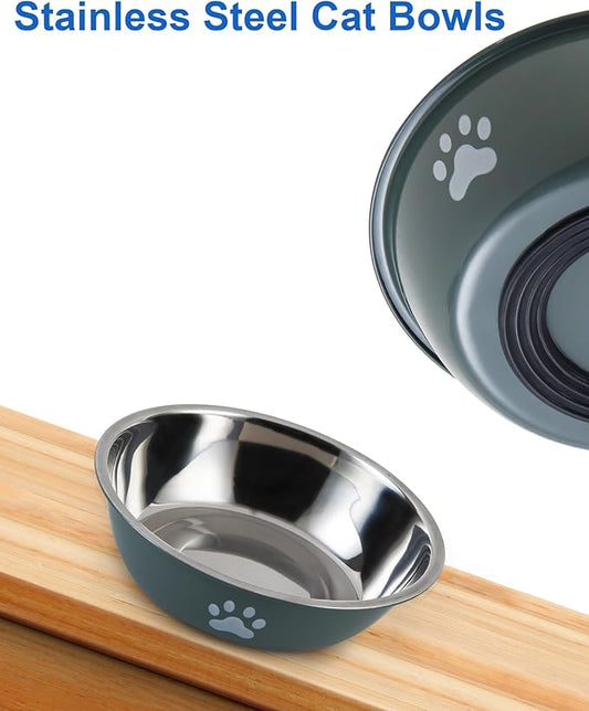 6 PCS Stainless Steel Cat Bowls, Non-Slip Stainless Cat Food Bowl Metal Cats Dishes Whisker Fatigue Kitten Plates Shallow Wide Kitten Bowls, 5.5” Whisker Friendly Feline Food Dish (Green 6 PCS)