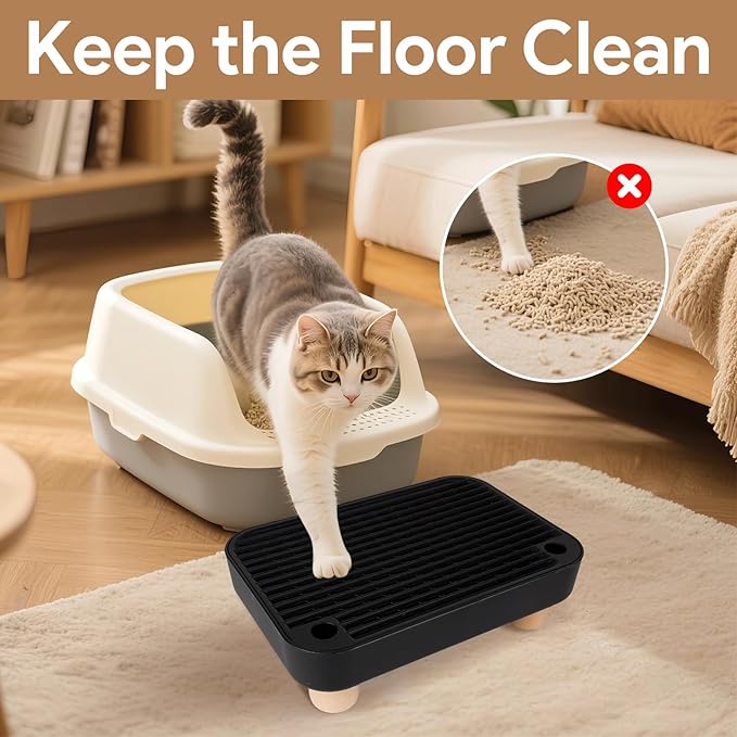 Cat Ramp Litter Box Step, Small Senior Cat Litter Box Mats Ramp for Floor with Wooden Base, Low Entry Cute Cats Food Mat Stairs Prevent Tracking, Silicone Small Litter Boxes Shield Catcher Mat Black
