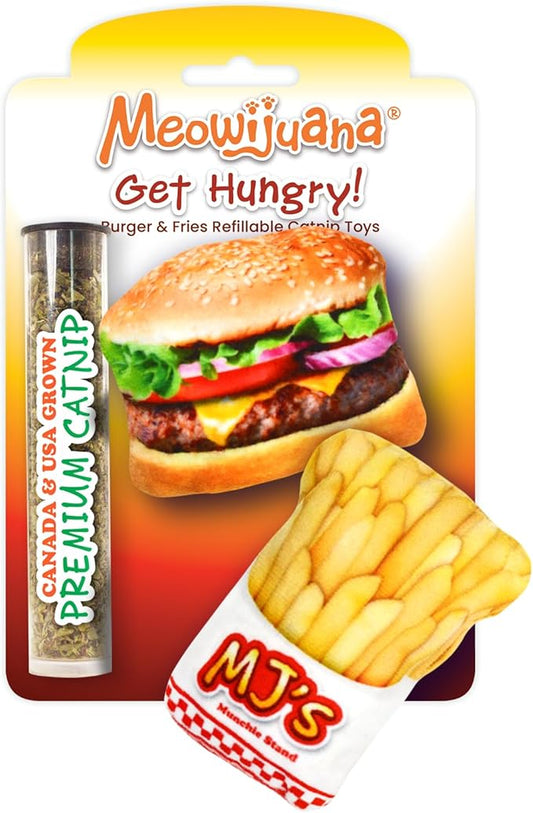 Meowijuana Refillable Cat Toys | Get Hungry - Burger and Fries Catnip Toys | Includes Potent Hand Harvested Catnip Grown in North America | Promotes Play and Cat Health