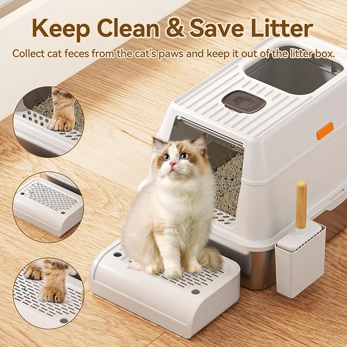 Enclosed Stainless Steel Cat Litter Box with Lid Extra Large Litter Box for Big Cats XL Metal Litter Pan Tray with High Wall Sides Enclosure, Non-Sticky, Anti-Leakage, Easy Cleaning (Light Grey-2)