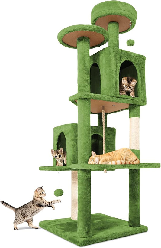 58.5inch Large Cat Tree Tower Condo for Indoor Cats, Soft Plush Multi-Level Climbing Tree Cat House with 1 360° Rotating Cat Cave, Scratching Post, More Entrance/Exit, Sisal Rope, Green