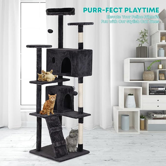 FDW Cat Tree 70in Cat Tower Multi-Level Durable Cat Scratching Post & Cozy Fun Cat Jumping Platform Space Saving Cat Condo Pet Play House for Indoor Cats,Dark Gray