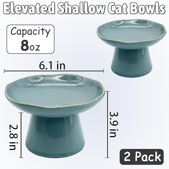 VCEPJH Elevated Cat Bowls 6.1in Shallow Cat Food Plate Pack of 2 Ceramic Raised Cats Dish Flat Anti Whisker Fatigue Wide Pet Food & Water Feeder for Indoor Kitty Kitten (Blue)