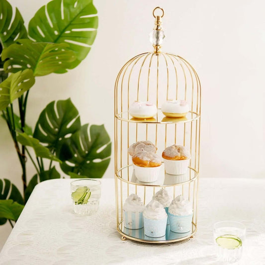 Efavormart 22" - 3 Tier Crystal Mirror Top Gold Metal Bird Cage Cupcake Cake Stand, Dessert Display for Wedding, Party, Birthday, Baby Shower Celebrations, Home Decorations