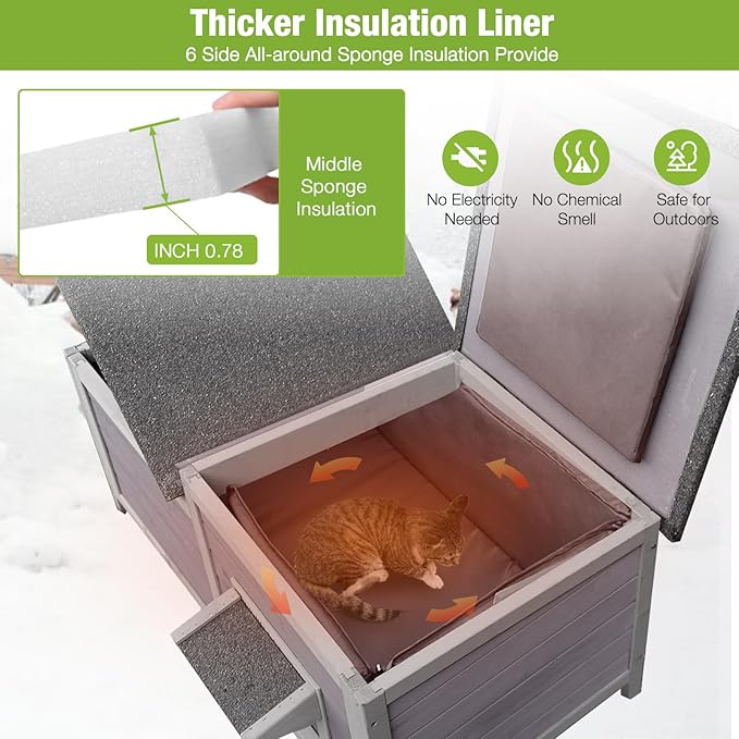 GUTINNEEN Large Outdoor Cat House Insulated, Weatherproof Cat Shelter with Detachable Insulation Liner, Wooden Elevated Kitty Condo for Stray Cats, 39.1" L x 18.5" W x 19.1" H (Grey)