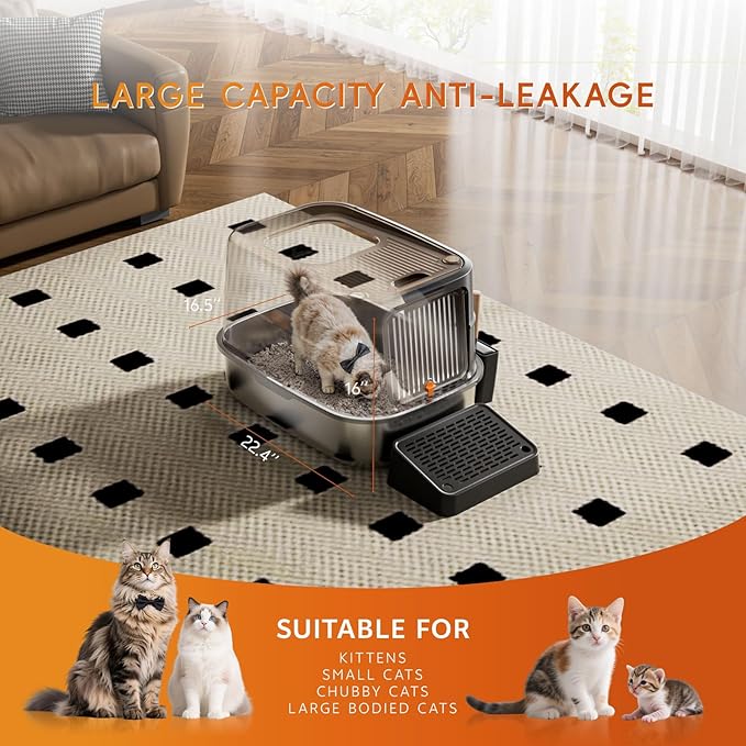 Stainless Steel Litter Box with Lid, Top Entry Cat Litters Box, Extra Large Metal Litterboxs with High Sides, 90° Flip-Top Double Doors & Raised Fence, Includes Pedal, Mat & Scoop Set
