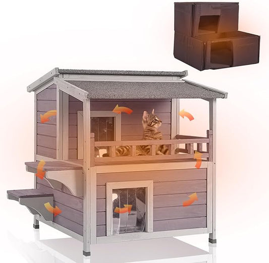 GUTINNEEN Outdoor Cat House Insulated, Weatherproof Cat Shelter with Insulation Liner for Winter, 2-Story Wooden Kitty Condo with Openable Waterproof Asphalt Roof, Elevated Plastic Feet