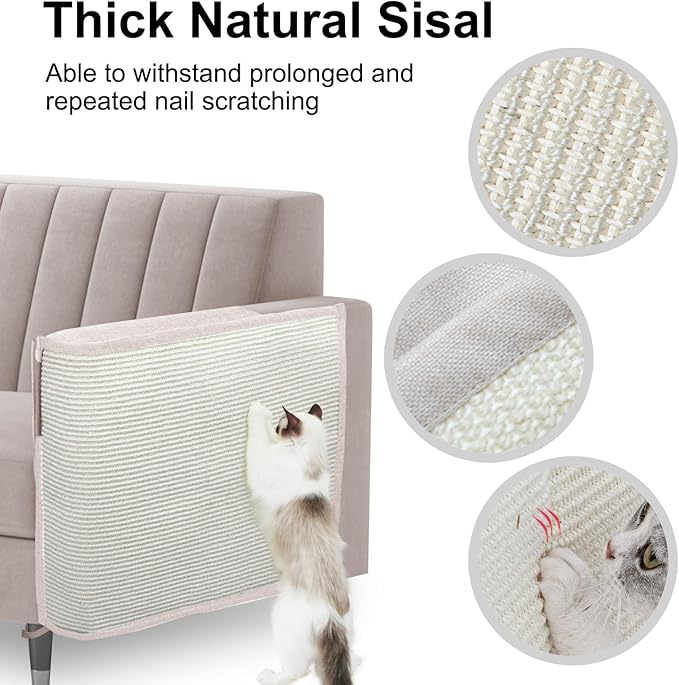 Cat Scratch Sofa Protector,27.6L*19.6Winch Cat Scratch Furniture Protector Pad Couch Arm Sheild with Natural Sisal for Protecting Couch Sofa Chair Furniture（Beige/Left Handed