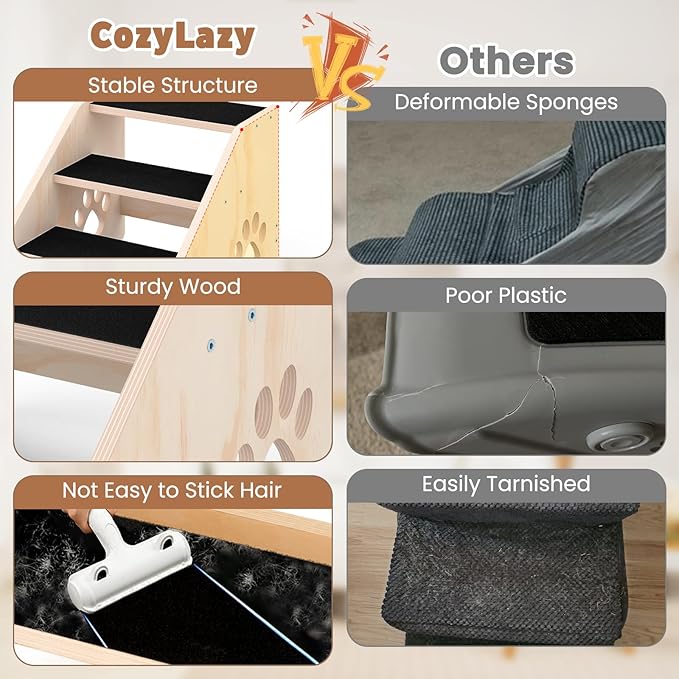 Dog Stairs, Wooden 3-Step Dog Ramp for Small Medium Large Older Cat, Puppy Essentials Pet Step Ladder for High Bed Couch Car