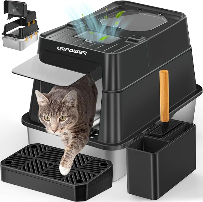 URPOWER Stainless Steel Cat Litter Box with Lid 110° Flip-Top Extra Large Enclosed Litter Box Non-Sticky Metal Pan with High Sided & Scoop, Odor Free, Front & Top Entry, Anti-Leakage, Easy Cleaning