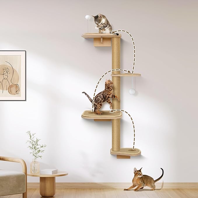 Cat Wall Shelves & Climber for Kittens – 4-Level Wall Mounted Cat Tree with Natural Sisal Pads, Adjustable Tower for Indoor Cats Up to 30lbs, Cat Wall Furniture System