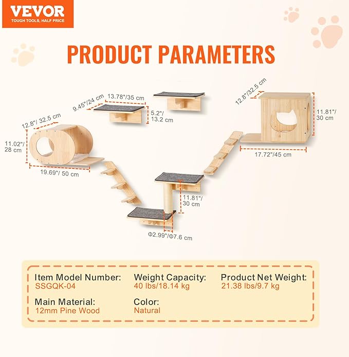 VEVOR Wall Mounted Cat Shelves, Perches with Jumping Boards,Hammocks & Cat Tree, Cat Furniture and Shelves up to 40 lbs for Sleeping, Playing, Climbing, Set of 7