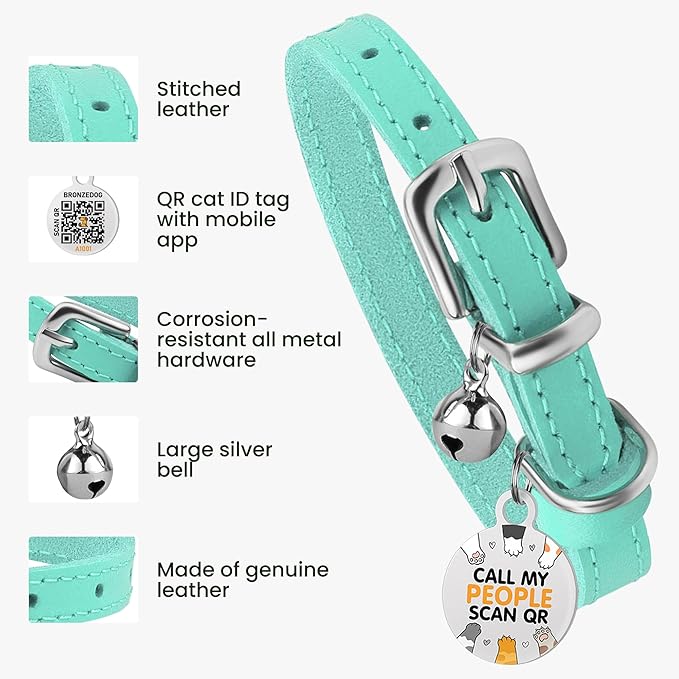 BRONZEDOG Leather Cat Collar with Removable Bells Non Breakaway Kitten QR Tag for Girl Boy (7" - 9" for Cats, Turquoise & Silver)