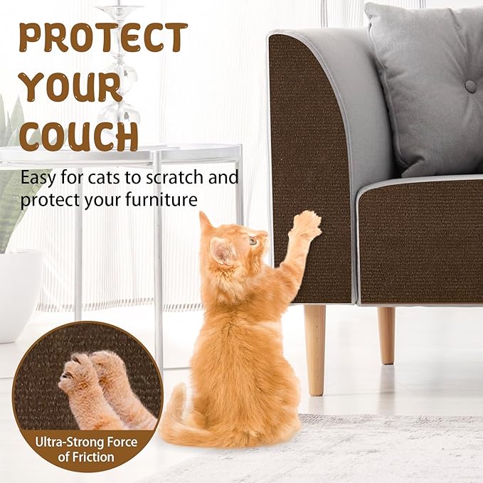 Climbing Cat Scratcher Mat Trimmable Cat Scratching Post Carpet 157.4’’x15.8’’ Self Adhesive Carpet Mat Pad Replacement for Cat Tree Shelves Post Couch Wall Furniture Steps DIY Protector (Brown)