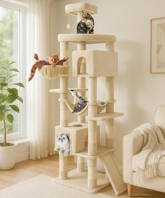 AMHANCIBLE Large Cat Tree, 83 Inch Multi-Level Tall Tower for Indoor Adult Cats, with Scratching Post and Board, Hammock, Condos, Hanging Basket, Activity Center to Play and Sleep, Beige, PT21BG