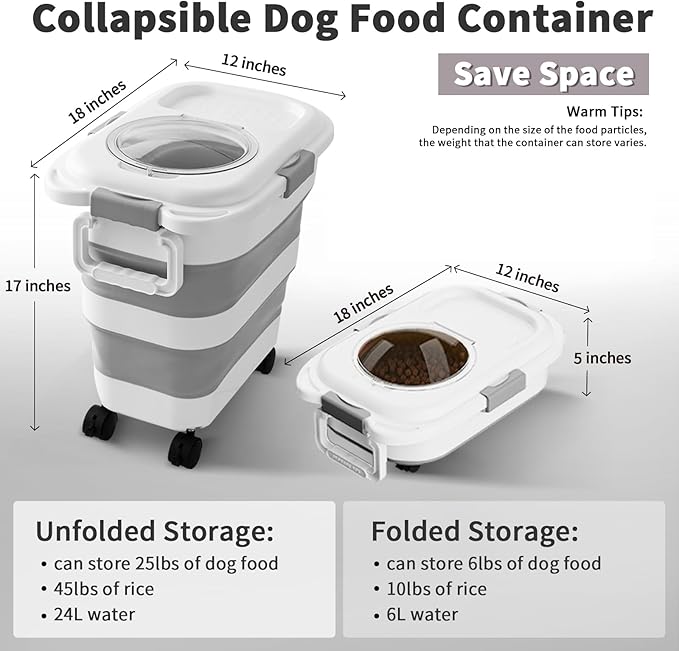 25 Lbs Dog Food Storage Container 2PCS, Collapsible Dog Food Container with Scoop for Pet/Dog/Cat/Bird Food,Keep Dry Food Fresh,Easy to Move(Black & White)