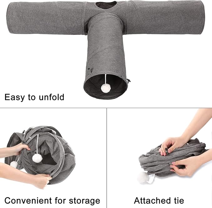 Ownpets Cat Tunnel, 3 Way Collapsible Kitty Tunnel 47 inch Long Cat Tube with Plush Ball & Feather Toy, Cat Play Tunnel for Indoor Cat, Kitten, Rabbit