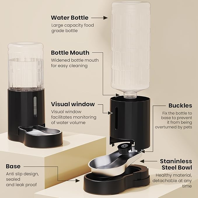 CZPET Automatic Dog and Cat Water Dispenser with Stainless Steel Bowl Gravity Waterer,100% BPA-Free,Large Capacity and Drinking Area Noise-Free for Pets