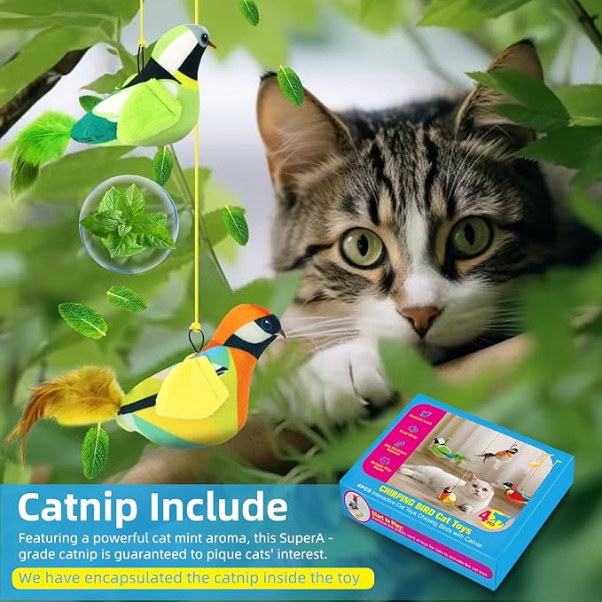 4PCS Interactive Hanging Bird Cat Toys Set - with Catnip, Realistic Chirping, Lifelike Birdie Tweets, Durable & Safe, Indoor Kitty Kitten Exercise Toys (Mini)