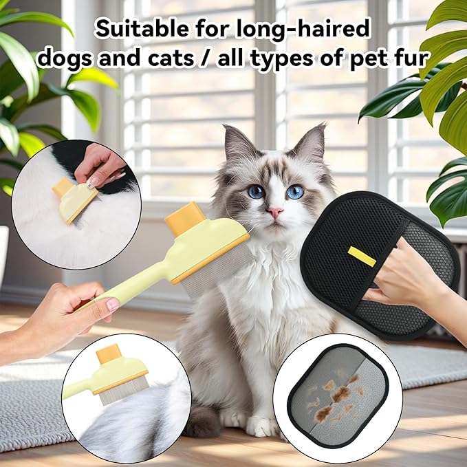 Electrostatic Pet Hair Removal Glove and Cat Dog Flea Comb, Portable Pet Massage and Cleaning Set for Deshedding, Cat Dog Hair Removal on Clothes, Furniture, Car Seats, and Carpets (4PCS)
