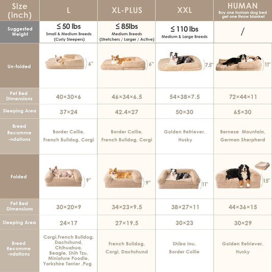 EHEYCIGA Foldable XXL Dog Bed, Faux Fur Fluffy Pet Couch Bed for Extra Large Dogs, Orthopedic Calming Memory Foam Big Pet Bed, Washable Soft Pet Sofa Bed with Non-Slip Bottom, Camel, 54"x38"x7.5"