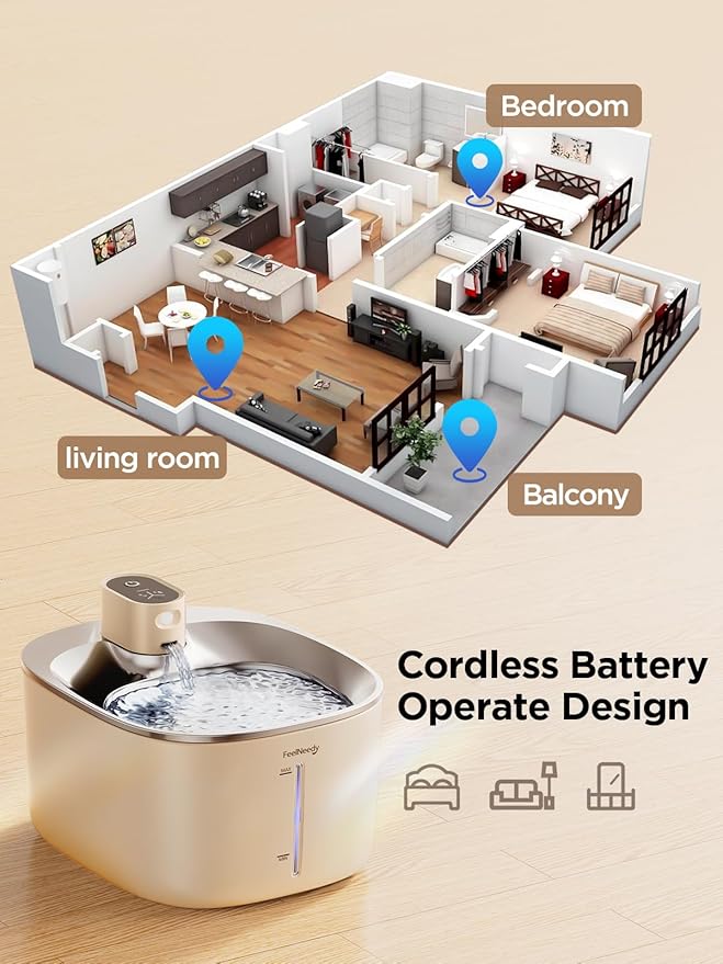 Cat Water Fountain Battery Operated, 4L/135 fl oz Pet Water Fountain for Cats and Dog with Motion Sensor, Ultra Quiet Cat Drinking Fountain with 2 Filters (Beige YPD-C004P)