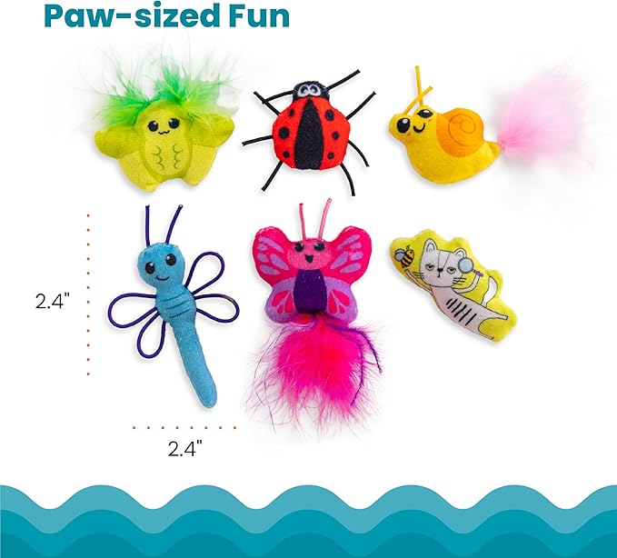 Catstages Cute as a Bug Cat Toys, 6-Pack Interactive Catnip Plush Toys with Crinkle, Feathers & Dental Mesh, Multicolored