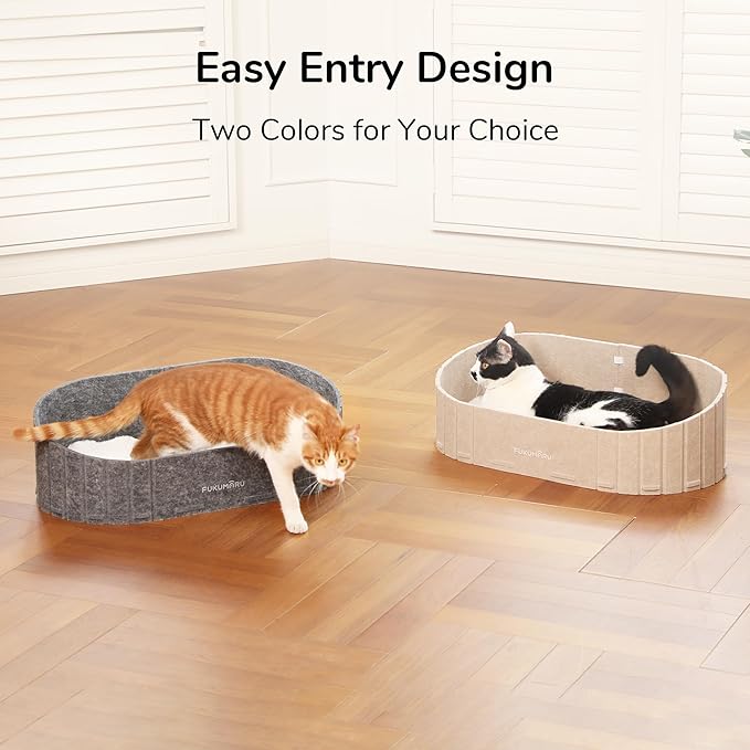 FUKUMARU Cat Beds for Indoor Cats, 24 Inch Large Cat Couch Bed with Cozy Faux Rabbit Fur Cushion, Felt Cats House Sofa in Oval Shape, Grey