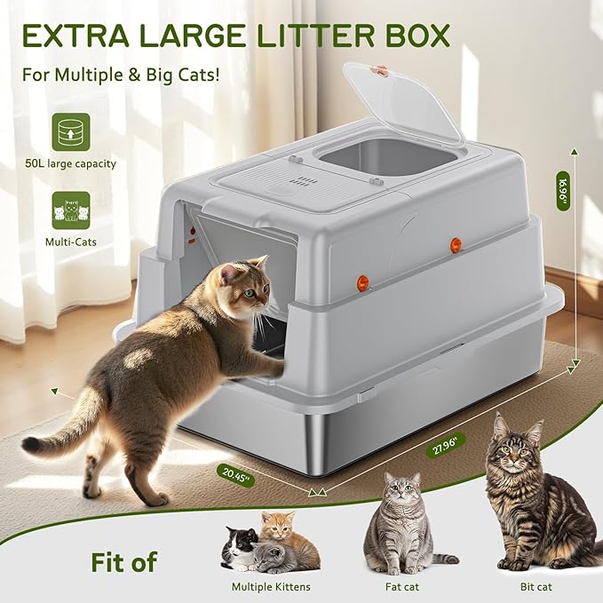 Stainless Steel Litter Box with Lid, 28" XXXL Large Cat Litter Box Enclosure for Multiple Cats, Odor Control with Carbon Filters, Anti-Leak High Sided, Includes Removable Lid & Scoop Light Gray