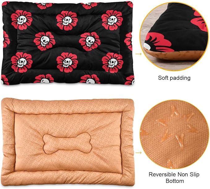 Gothic Skulls Flowers Pet Bed Cute Dog Bed Mat Absorbing Non Slip Pad Pet Sleeping Mat for Small, Medium, and Large Dogs Puppy Cat 24 in x 18 in