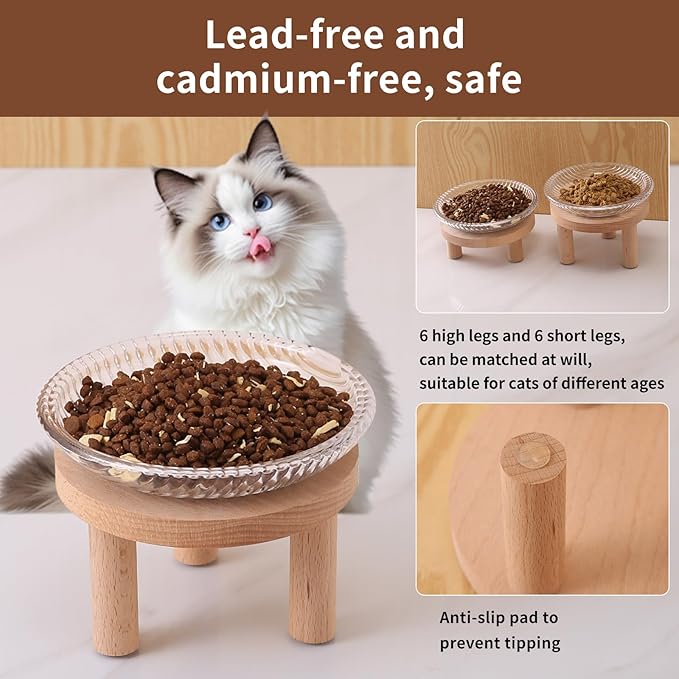 Raised Whisker Fatigue Cat Bowl. Glass Cat Bowls Elevated with Wooden Legs in 2 Heights. Protect The Spine and Prevent Vomiting. 2PCS. KGCCIZI