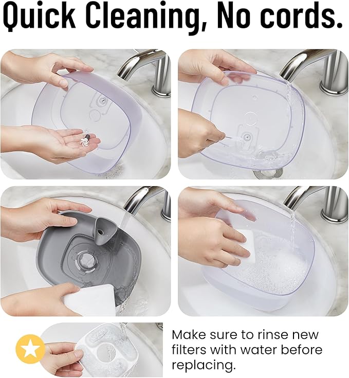 Veken Cat Water Fountain with Detachable Tank, Easy to Clean & Assemble, 84oz/2.5L Automatic Pet Drinking Dispenser with Quiet Operation & LED Light for Cats, Dogs and Small Pets, Grey