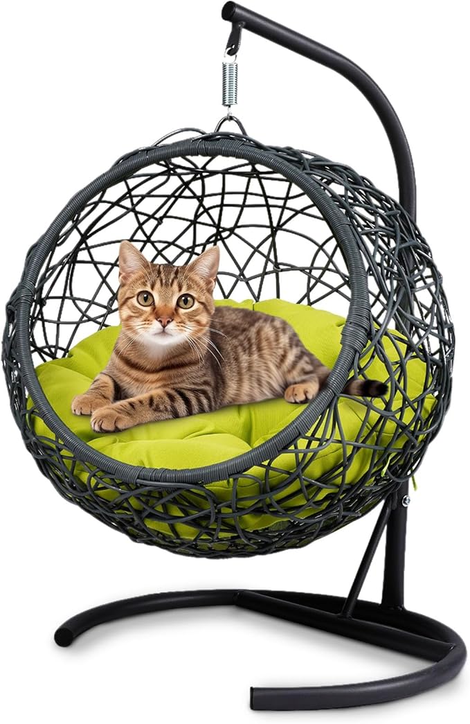 Cat Swing Bed with Stand & Cushion - Rattan Wicker Design, Indoor/Outdoor Hanging Hammock for Cats and Small Pets, Green