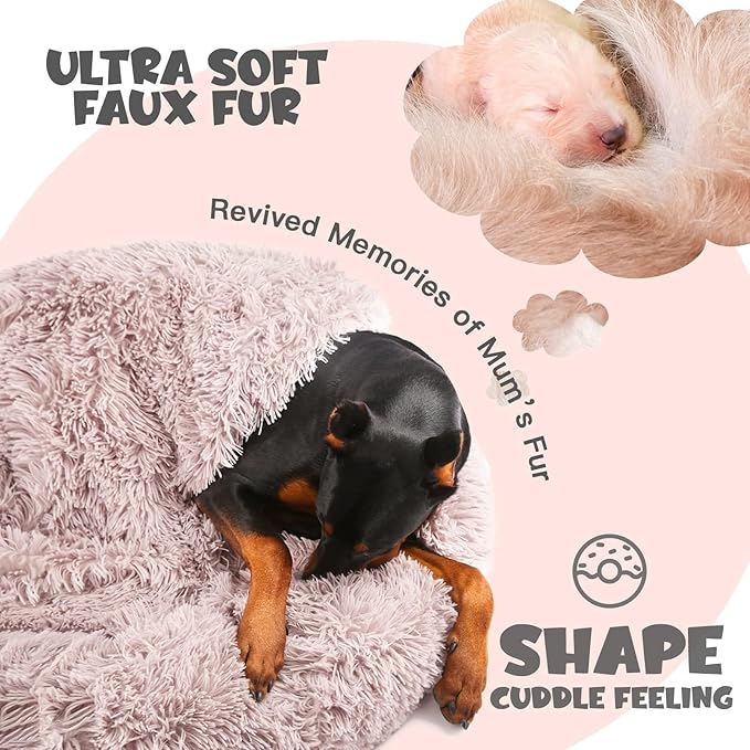 Himax Dog Beds for Large Dogs, Donut Dog Bed with Blanket Attached, Calming Dogs Beds Washable (20"/26"/35") Beige