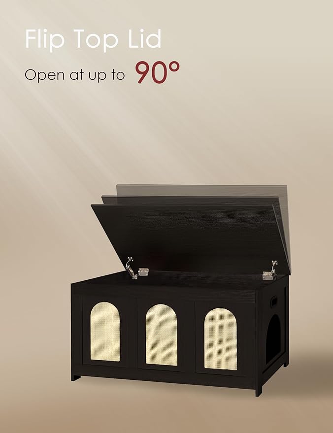 DINZI LVJ Cat Litter Box Enclosure, Flip Top Litter Box Furniture, Rattan-Like Hidden Cat Washroom, Wooden Pet House, End Side Table, 39.4"L x 19.7"W x 19.7"H, Easy to Assemble, Espresso with Rattan