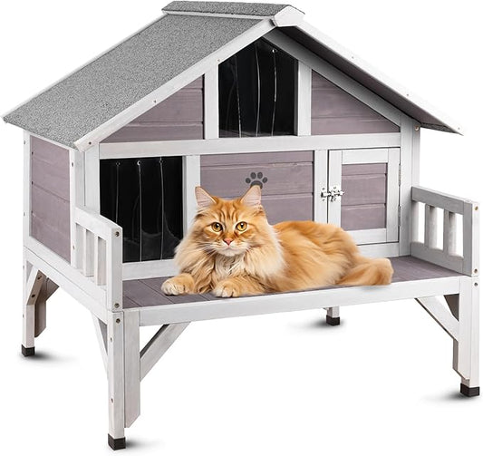 Outdoor Cat House Weatherproof Feral-Cat-Shelter for Winter Large Wooden Pet House for Multiple Cats,with Balcony Escape Doors,Gray