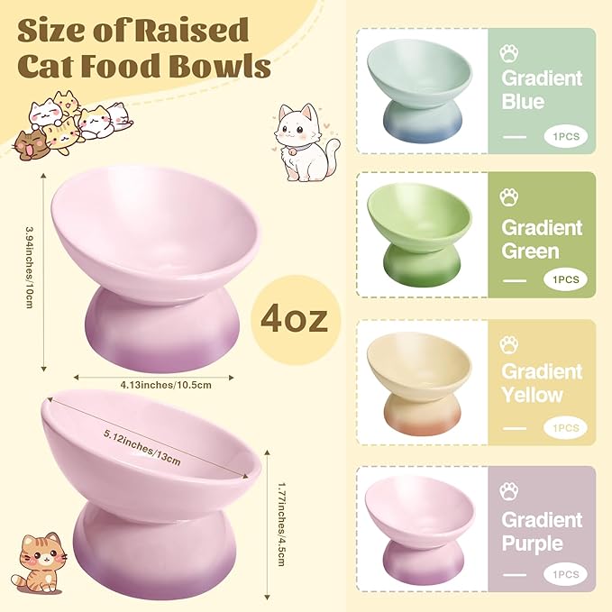 4Pcs Ceramic Raised Cat Bowl Elevated Cat Bowls Tilted Cat Food Dishes Pet Bowl Stand Feeder Cute Cats Bowl for Kittens Puppies Small Dog Whisker Fatigue Protect Kitten Spine(Gradient Color)
