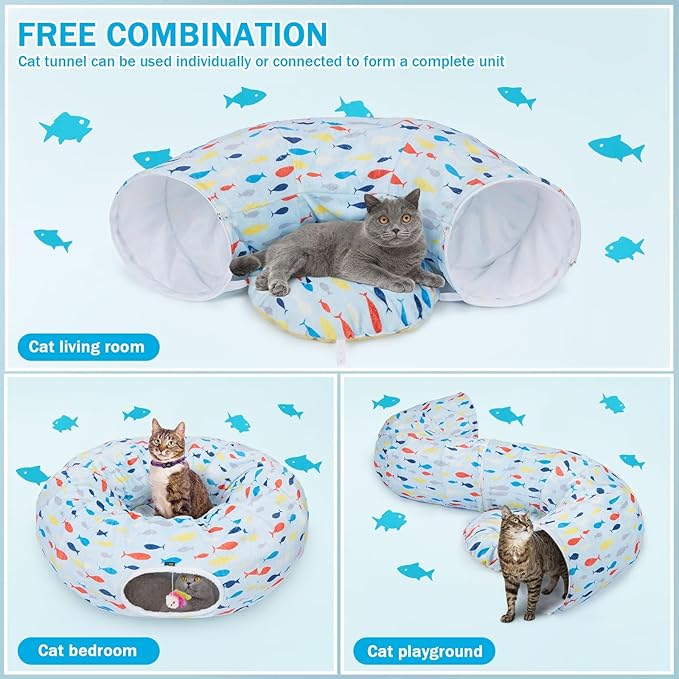 Ownpets Large Cat Tunnel Bed for for All Seasons, S-Shaped Soft Cat Donut Tunnel with Washable Cushion, Round Pet Pet Play Tunnel Toy for Kitten, Puppy, Rabbit, Blue