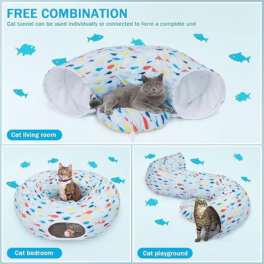 Ownpets Large Cat Tunnel Bed for for All Seasons, S-Shaped Soft Cat Donut Tunnel with Washable Cushion, Round Pet Pet Play Tunnel Toy for Kitten, Puppy, Rabbit, Blue