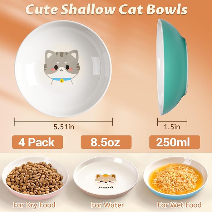 Cat Bowls, Ceramic Cat Food Bowl Set with White Silicone Ring for Non Slip, Cute Cats Dishes or Plates for Feeding Indoor Cats, Kitten, Small Dogs (Multicolored 4 Pack-Cute Pet, 5.5 Inches)