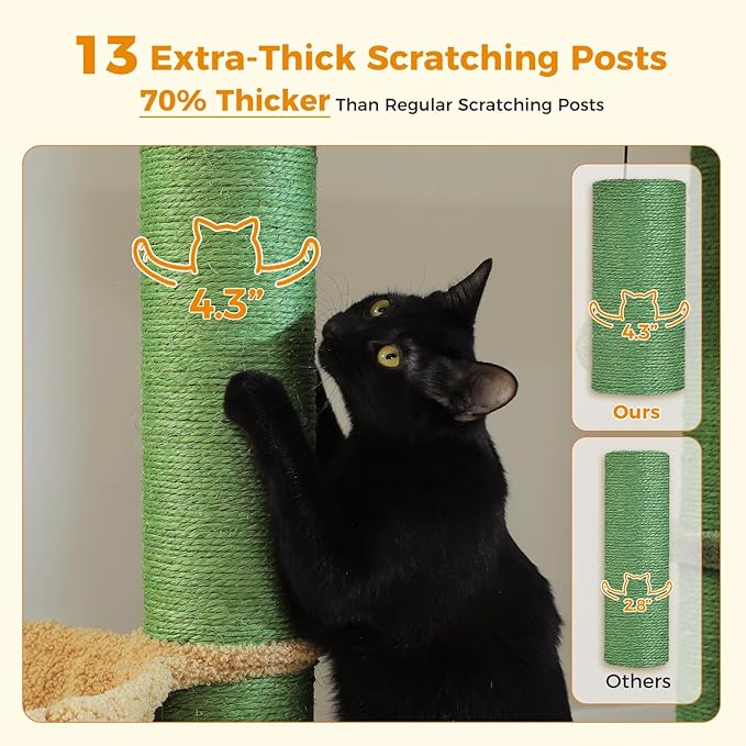Cactus Cat Tree for Large Indoor Cats – 67" Tall Cat Tower with 13 Thick (φ4.3in) Scratching Posts, Spacious Top Bed, Metal Frame & Cozy Hammocks, Ideal for Maine Coon (Up to 20 lbs) - Green