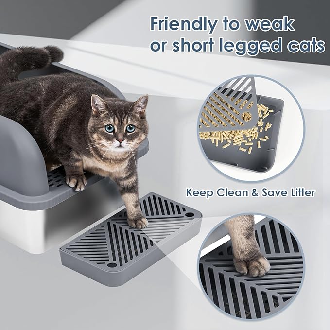 Enclosed Stainless Steel Cat Litter Box with Lid Extra Large Litter Box for Big Cats XL Metal Litter Pan Tray with High Wall Sides Enclosure, Non-Sticky, Anti-Leakage (Grey)