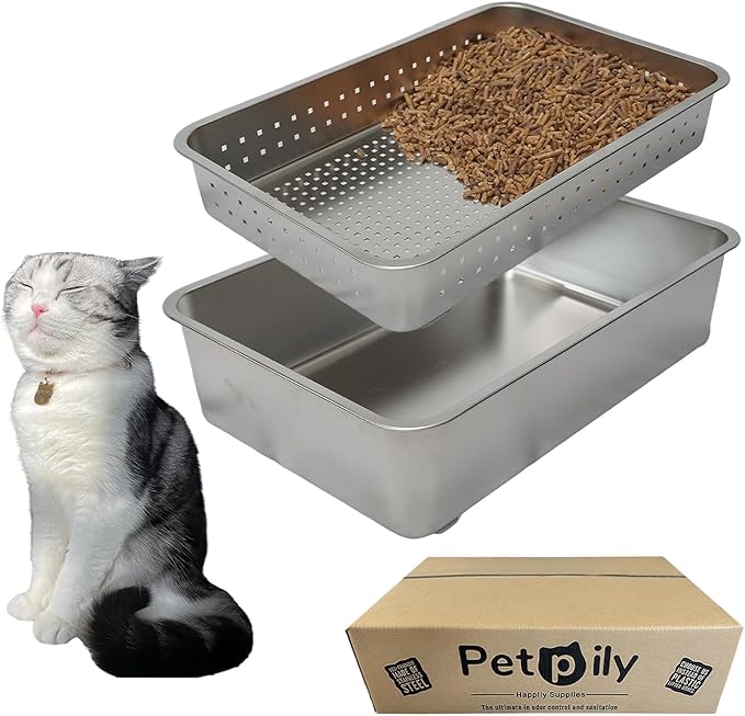 Extra Large Stainless Steel Litter Box - Two Pan Set, Open-Top Design Litter Box for Cats - Odor-Resistant Sifting Cat Litter - Non-Sticky and Easy to Clean - Stainless Steel Litter for Cats