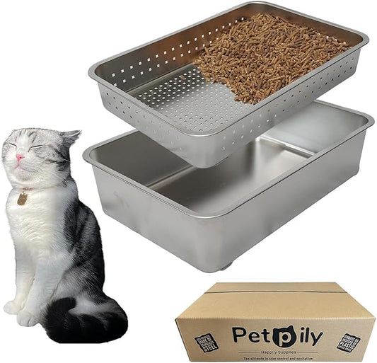 Extra Large Stainless Steel Litter Box - Two Pan Set, Open-Top Design Litter Box for Cats - Odor-Resistant Sifting Cat Litter - Non-Sticky and Easy to Clean - Stainless Steel Litter for Cats
