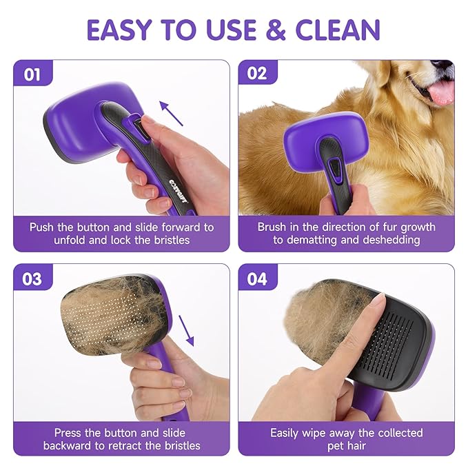 Dog Brush Kit – 3 PCS Grooming Set with Self-Cleaning Brush, Undercoat Rake & Pet Bath Brush. Great for Shedding, Tangles & Dirt Removal – Ideal for Long & Short Haired Dogs & Cats, Purple