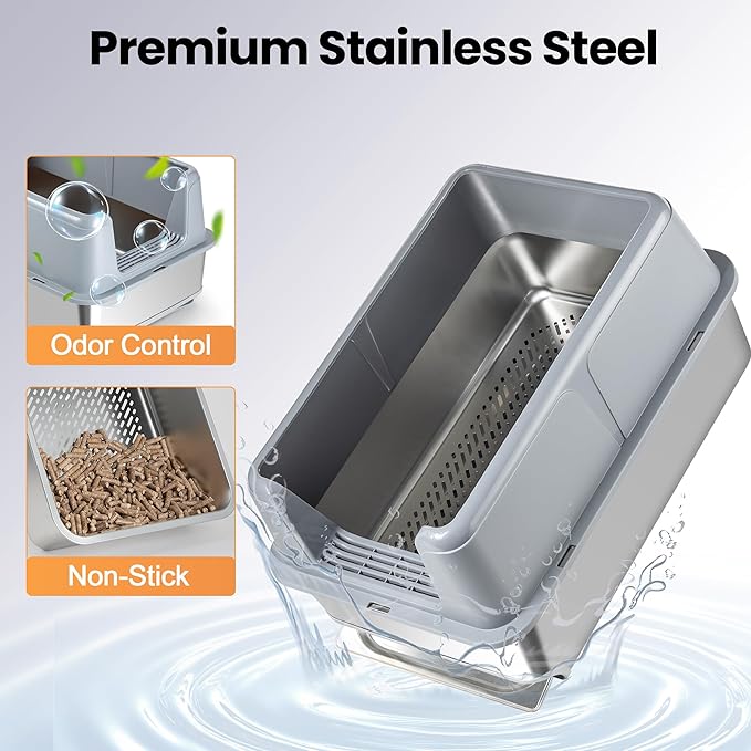 23.6''x15.6''x12'' Stainless Steel Sifting Litter Box with Sifter, Pine Pellet Litter Box with Lid for Big Cats, Built-in Sifter, No Waste Bag Needed, Easy to Clean & Durable (Grey)