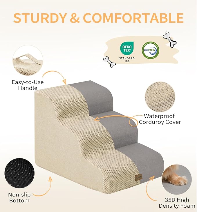 Made4Pets Dog Stairs Ramp for Small Dogs, 3-Step Dog Steps for Bed Couch Sofa and Chair, 35D Foam Pet Steps for Small Dogs and Cats, Non-Slip Bottom Pet Stairs, Beige