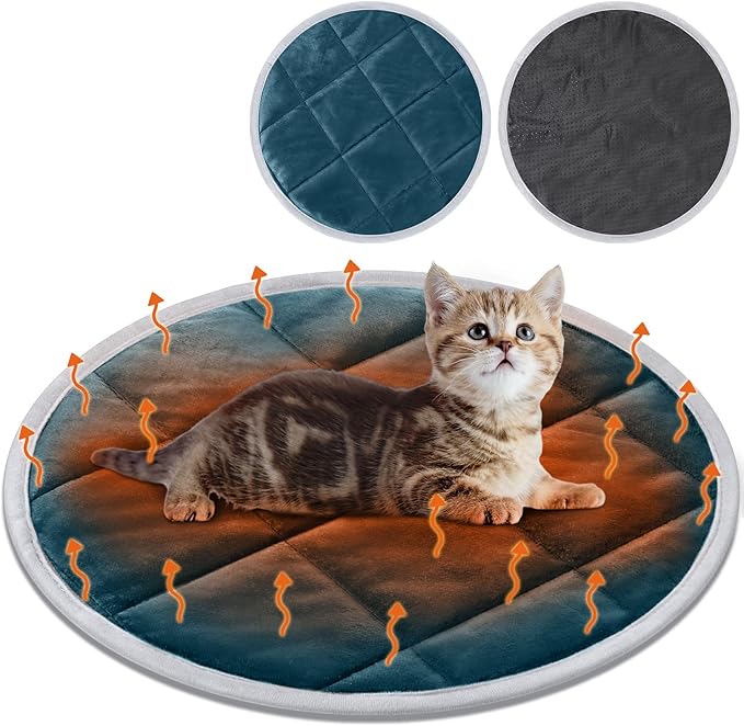 2 Pcs Cat Heating Pad Round 16 Inch Self Heating Cat Mat Washable Heated Bed Anti Slip Warming Pad Pet Bed Mat for Kennel Dog Crate Indoor Outdoor(Blue,16 Inch)